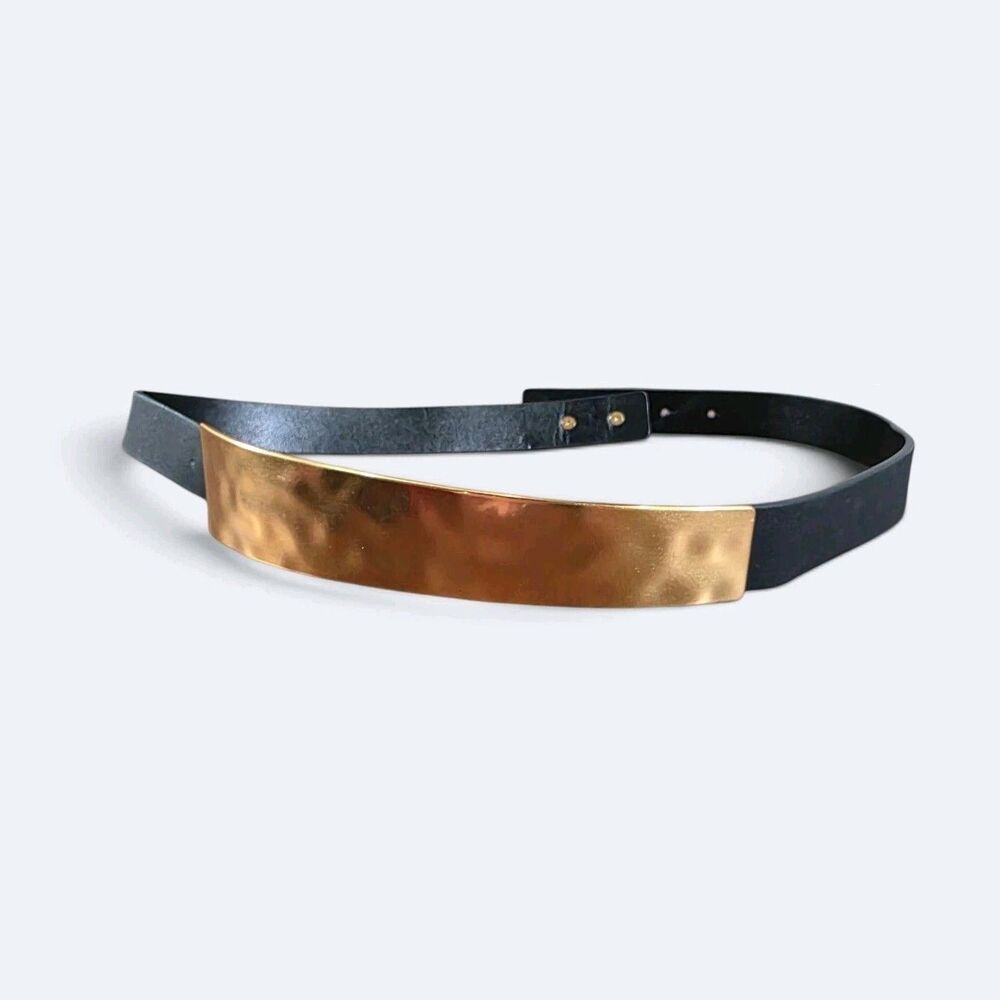 Vintage Gold Metal Plate Waist Belt Hammered Statement Plaque Black Size 12